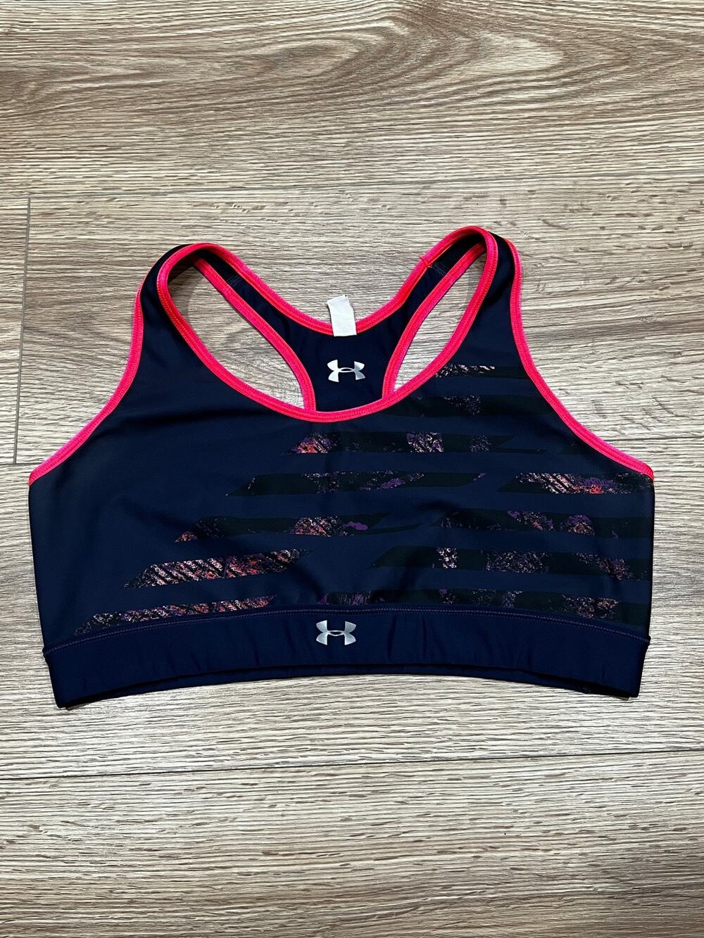 Under Armour Womens Sports Bra Size Large Navy Blue Pink Compression Racer (A86)